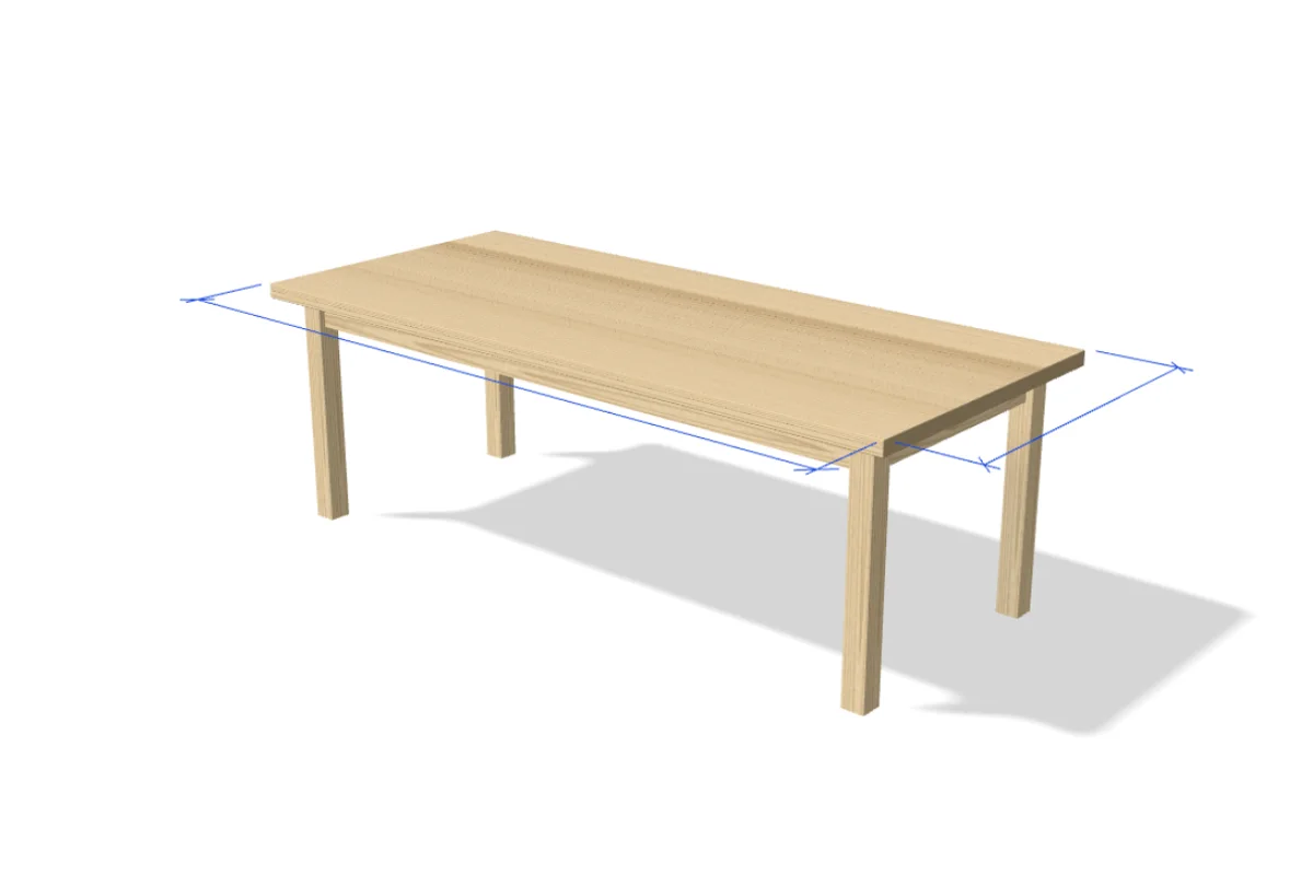 Tisch aus Esche, 220 x 95 cm, gezeichnet mit blauen Masslinien.